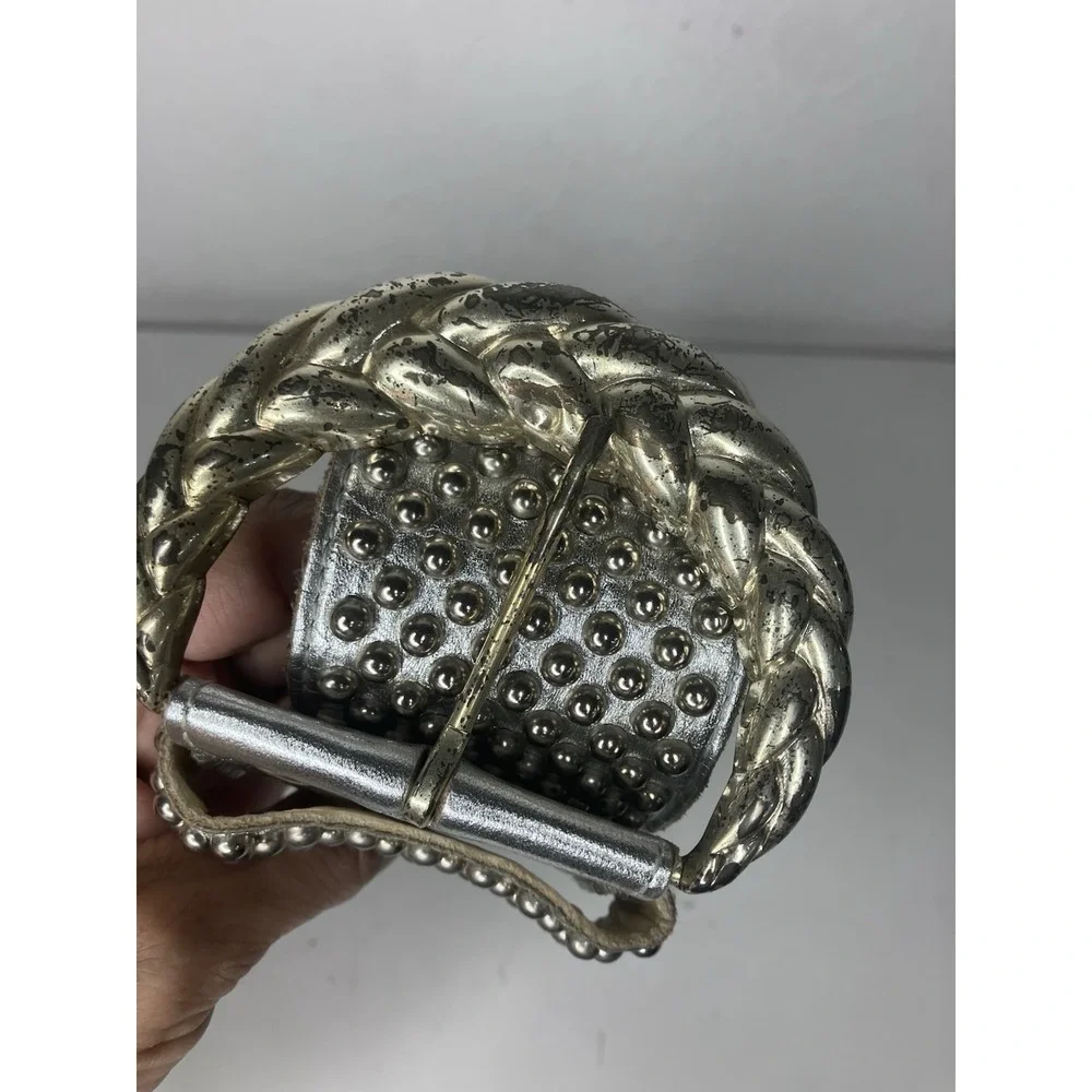 VTG Sand Castle New York Leather Belt Silver Studded Wide 80s Glam Rock 25-31